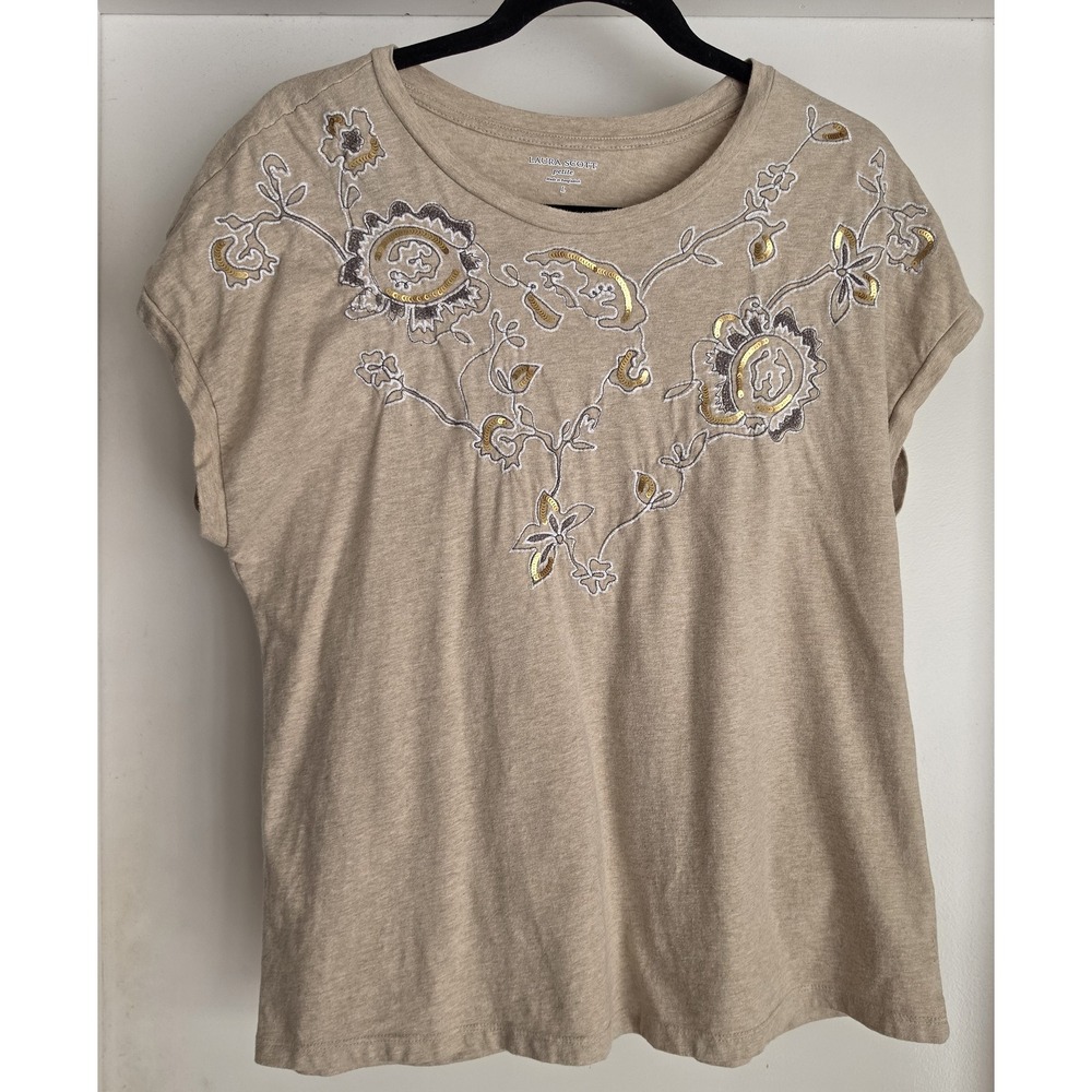 Laura Scott Women's L Floral T-Shirt Tan Cotton Short Sleeve Tee Top Metallic
